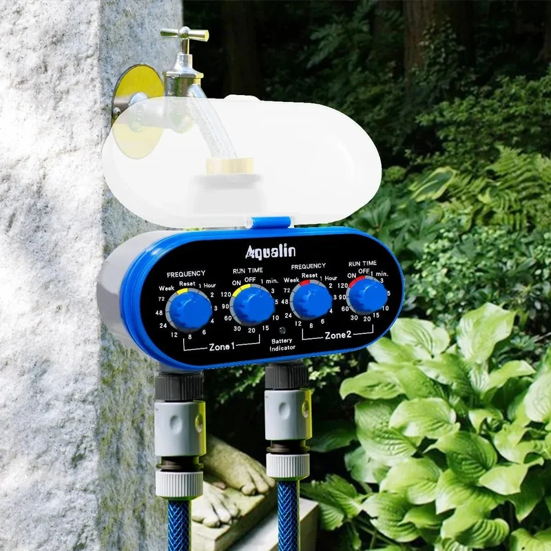 Kugelhahn, zwei Auslässe, automatische Bewässerung, vier Zifferblätter, Wassertimer, 0 Druck, Gartenbewässerungsregler für Garten, Hof