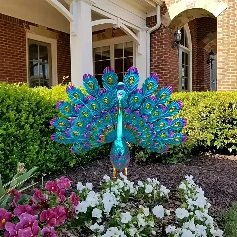 1 Stück, Pfauenstatue-Dekoration, Metall-Pfau-Außenstatue, Hinterhof-Dekoration, 3D-Garten-Pfau-Yard-Kunst, schöne Pfauenstatue-Dekoration, für den Außenbereich, Veranda, Terrasse, blaue Vogel-Rasenornamente