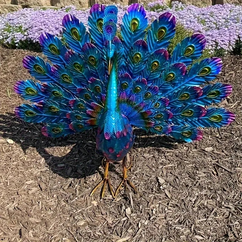 1 Stück, Pfauenstatue-Dekoration, Metall-Pfau-Außenstatue, Hinterhof-Dekoration, 3D-Garten-Pfau-Yard-Kunst, schöne Pfauenstatue-Dekoration, für den Außenbereich, Veranda, Terrasse, blaue Vogel-Rasenornamente