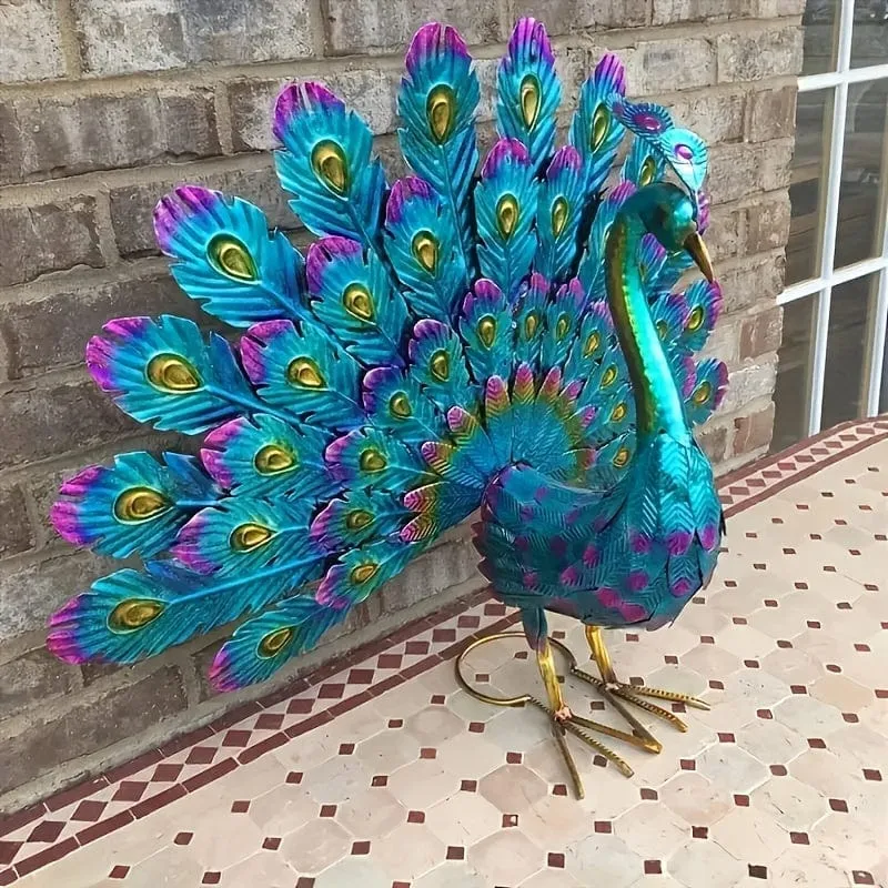 1 Stück, Pfauenstatue-Dekoration, Metall-Pfau-Außenstatue, Hinterhof-Dekoration, 3D-Garten-Pfau-Yard-Kunst, schöne Pfauenstatue-Dekoration, für den Außenbereich, Veranda, Terrasse, blaue Vogel-Rasenornamente