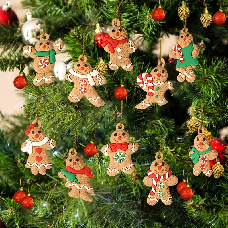 10 Stück Mini-Lebkuchenmann-Ornamente für den Weihnachtsbaum, verschiedene Lebkuchenfiguren aus Kunststoff, Ornamente für Weihnachtsbaum-Hängedekorationen, 3.81 cm Höhe