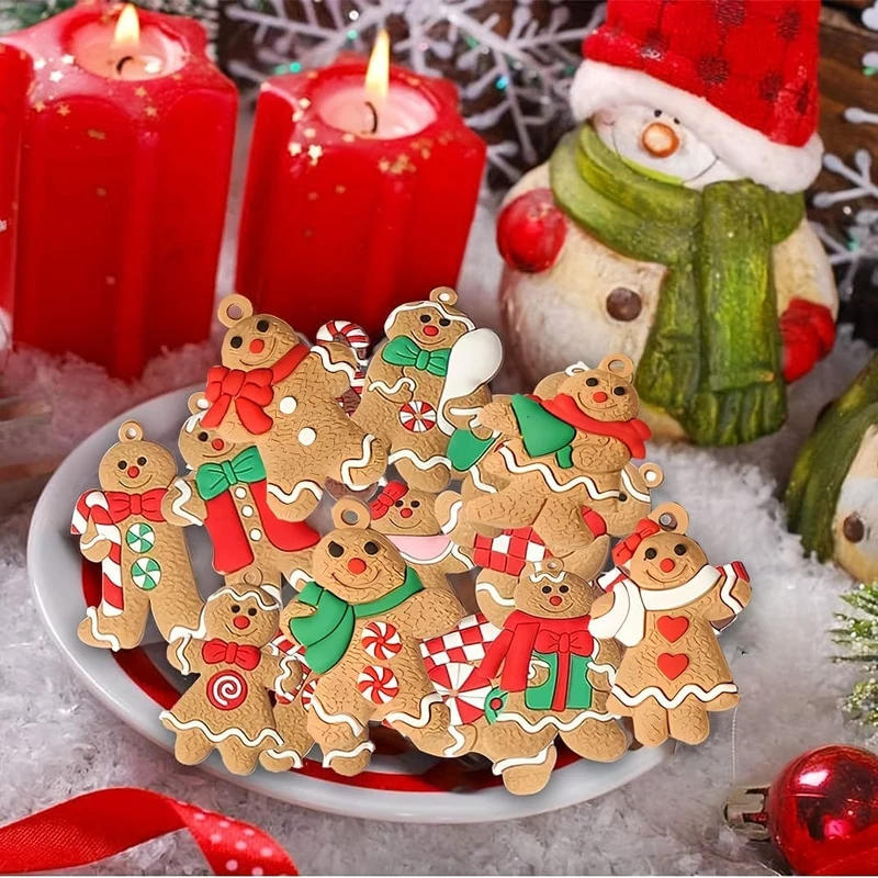 10 Stück Mini-Lebkuchenmann-Ornamente für den Weihnachtsbaum, verschiedene Lebkuchenfiguren aus Kunststoff, Ornamente für Weihnachtsbaum-Hängedekorationen, 3.81 cm Höhe