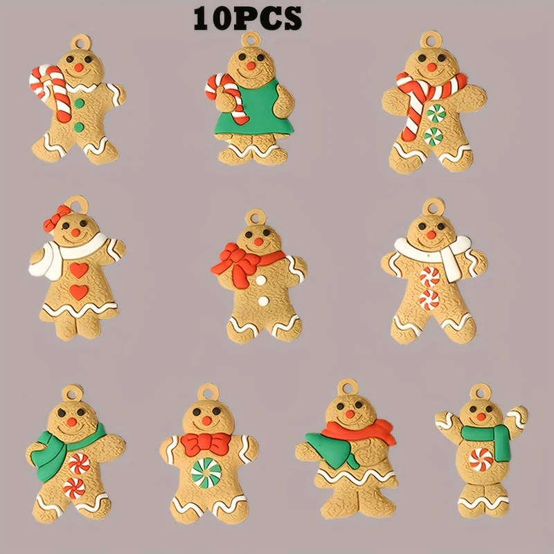10 Stück Mini-Lebkuchenmann-Ornamente für den Weihnachtsbaum, verschiedene Lebkuchenfiguren aus Kunststoff, Ornamente für Weihnachtsbaum-Hängedekorationen, 3.81 cm Höhe