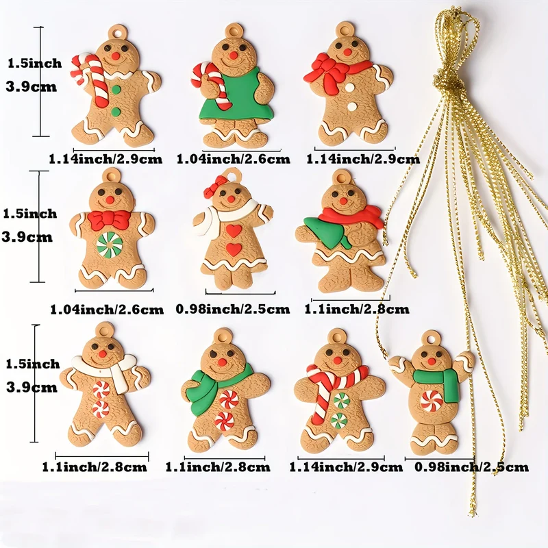 10 Stück Mini-Lebkuchenmann-Ornamente für den Weihnachtsbaum, verschiedene Lebkuchenfiguren aus Kunststoff, Ornamente für Weihnachtsbaum-Hängedekorationen, 3.81 cm Höhe