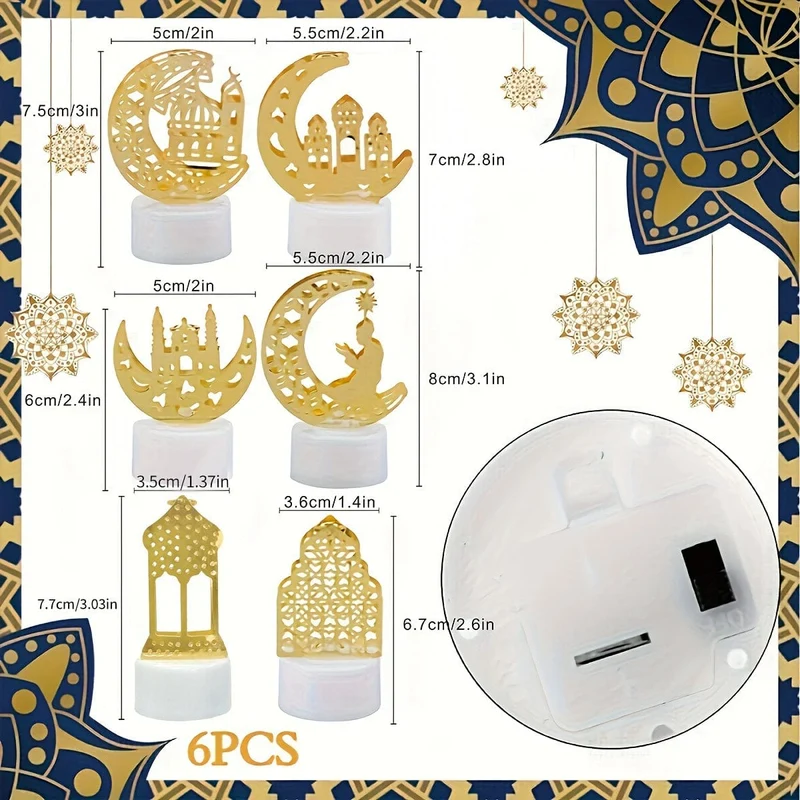 6er-Pack Ramadan-Dekorationslichter, Eid-Dekorationen, Ramadan Eid-Lichter, dekorative Tischlichter, Ramadan-LED-Lichter, geeignet für Ramadan Outdoor Home Mubarak Eid-Dekorationen Ramadan