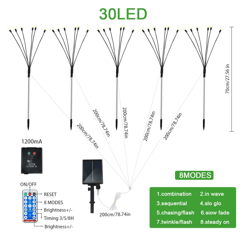 5 Stück 30 LED-Solar-Glühwürmchen, verbesserte Solarversion, 8 Blinkmodi mit Fernbedienung – wasserdichte Solar-Gartenleuchten für Wege, Terrassen und Terrassen, schwingende Gartendekoration, 200.0 cm x 200.0 cm