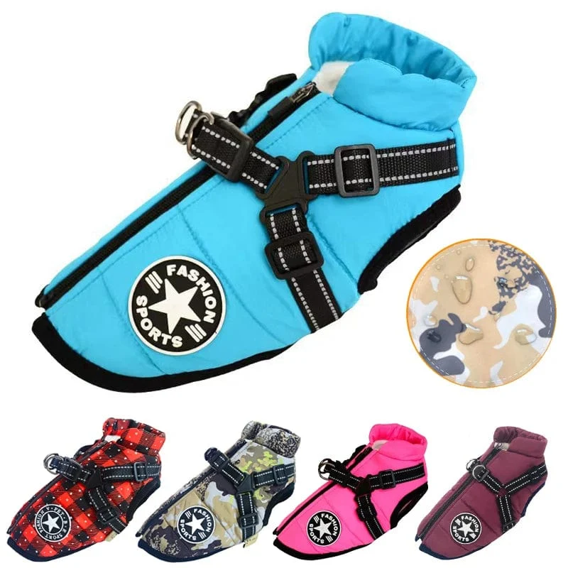 Große Haustier-Hundejacke mit Geschirr, warme Winter-Hundekleidung für Labrador, wasserdichter großer Hundemantel, Chihuahua, französische Bulldoggen-Outfits