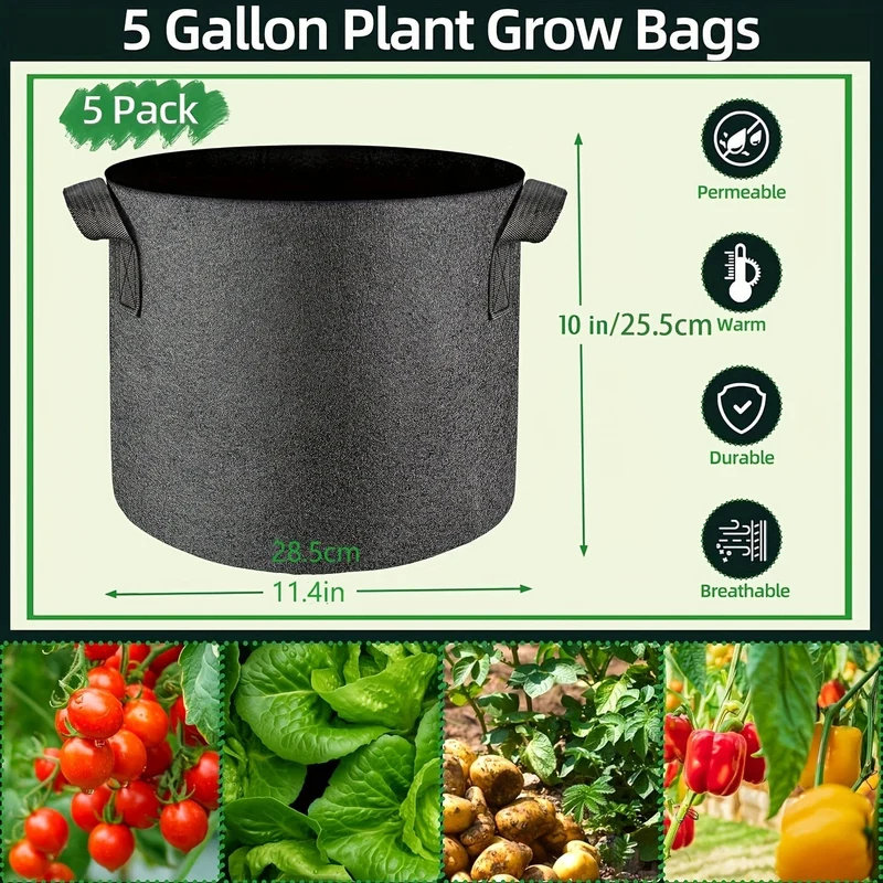 5 Stück, Pflanzbeutel, 18.93 l, Pflanzbeutel, Mehrzweck-Vliesstofftöpfe mit robusten Griffen, Gemüse, Obst, Blumen, Kräuter, Sukkulenten, Bonsai-Pflanzen, für Garten-Pflanztöpfe im Freien