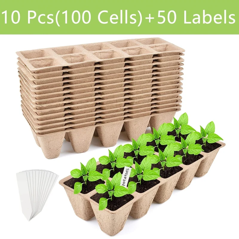 100 Zellen Setzlingstöpfe, Startschalen mit 50 Etiketten, 10 Stück Torftöpfe, Setzlingstöpfe, biologisch abbaubar, Setzling-Starter-Set, Keimpflanzen-Starterschalen