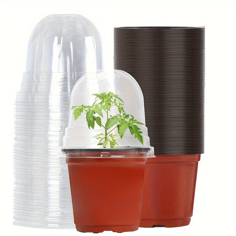 50 Packungen, Anzuchttöpfe für Pflanzen mit Feuchtigkeitskuppeln, 50 Sets 10.16 cm weiche Anzuchttöpfe (50 Töpfe + 50 durchsichtige Deckel), Saatgut-Startertöpfe, kleine Pflanzgefäße mit Abflusslöchern