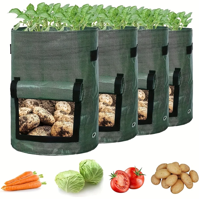 4 Stück Kartoffel-Pflanzbeutel, Kartoffelpflanzgefäße mit Klappe und Griffen, Gemüsegarten-Pflanzbeutel für Zwiebeln, Obst, Tomaten, Karotten (26.5 l)