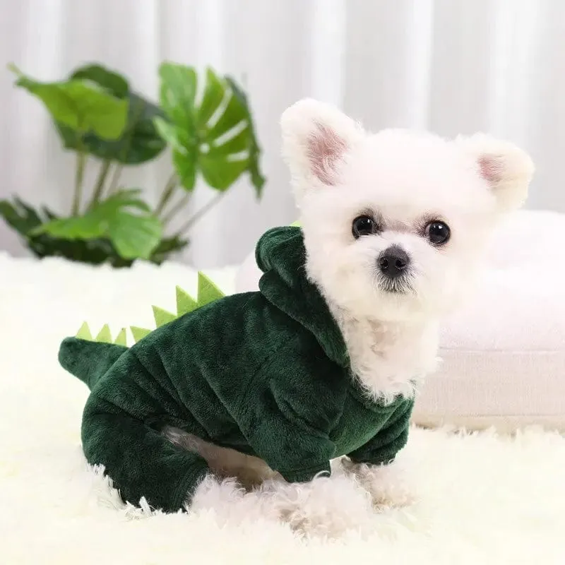 Hunde- und Katzenkleidung, lustige Dinosaurier-Form, Herbst und Winter, warmer Plüschmantel, niedliche, schrullige Haustier-Kapuzenkleidung