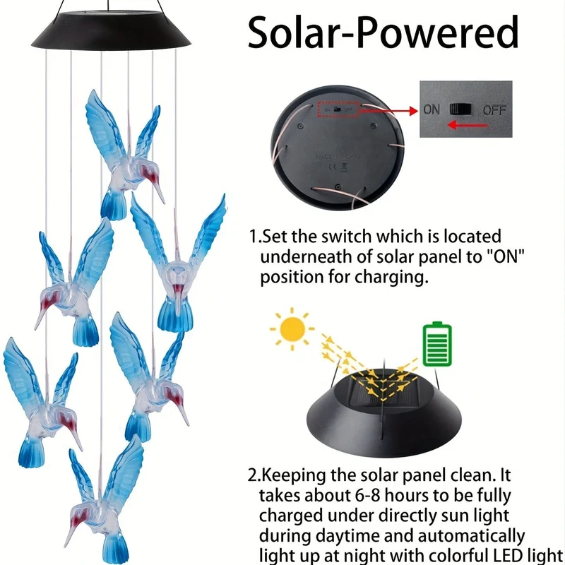 1 Satz Solar-Kolibri-Windspiel, wasserdichter LED-Anhänger für den Außenbereich, Weihnachtsdekoration, Gartendekoration, Terrasse