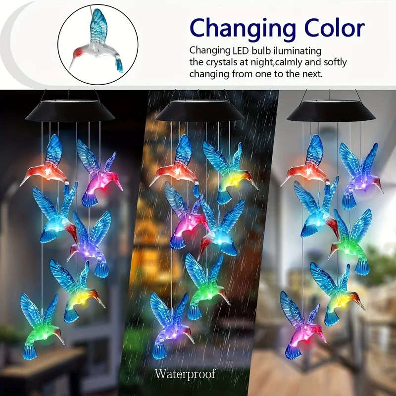1 Satz Solar-Kolibri-Windspiel, wasserdichter LED-Anhänger für den Außenbereich, Weihnachtsdekoration, Gartendekoration, Terrasse
