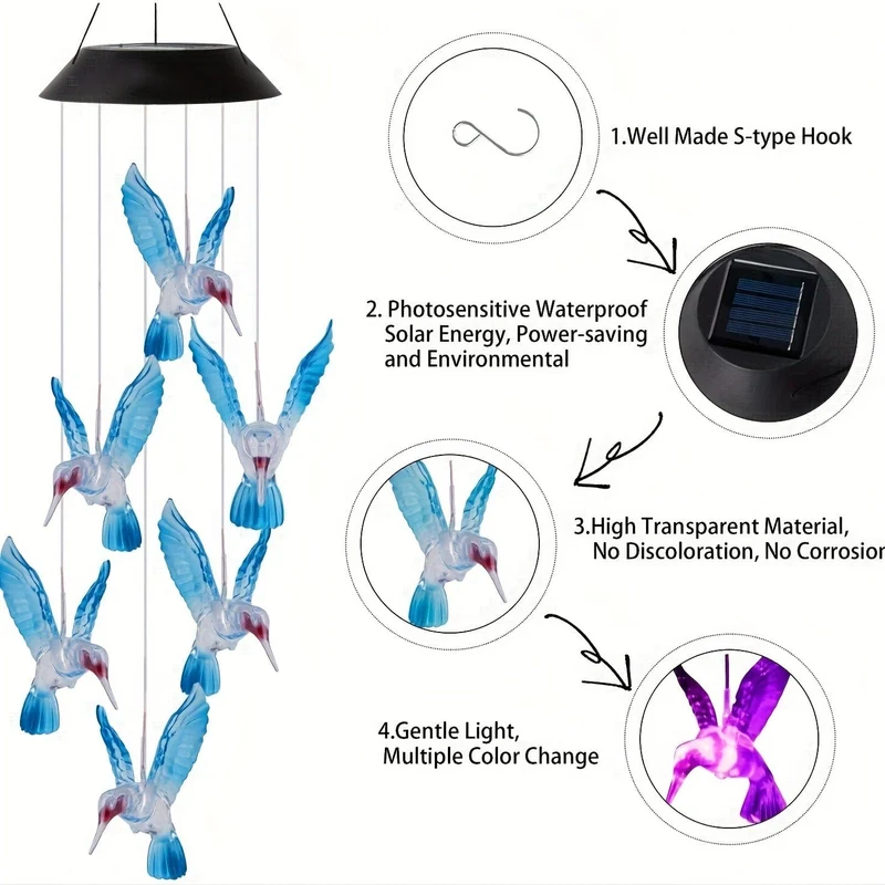 1 Satz Solar-Kolibri-Windspiel, wasserdichter LED-Anhänger für den Außenbereich, Weihnachtsdekoration, Gartendekoration, Terrasse