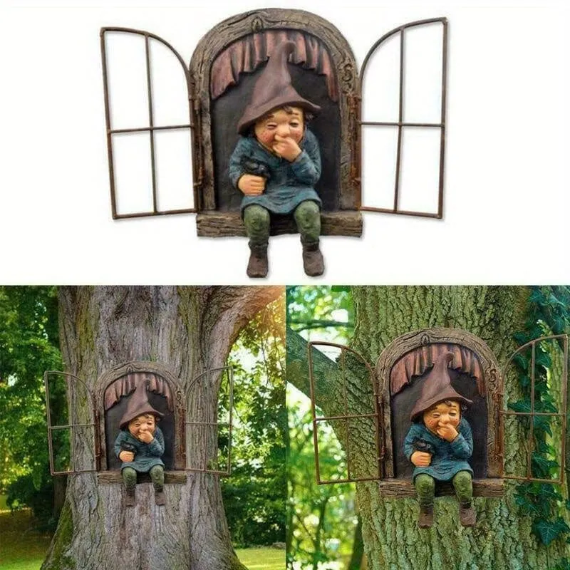 1 Stück Garten-Voyeur-Zwerg-Statue, freche Elfen-Zwerge-Figur, Skulptur für Baum, kreative Garten-Dekor-Statue, geeignet für Zuhause, Innenhof, Veranda, Gartenbaumdekoration
