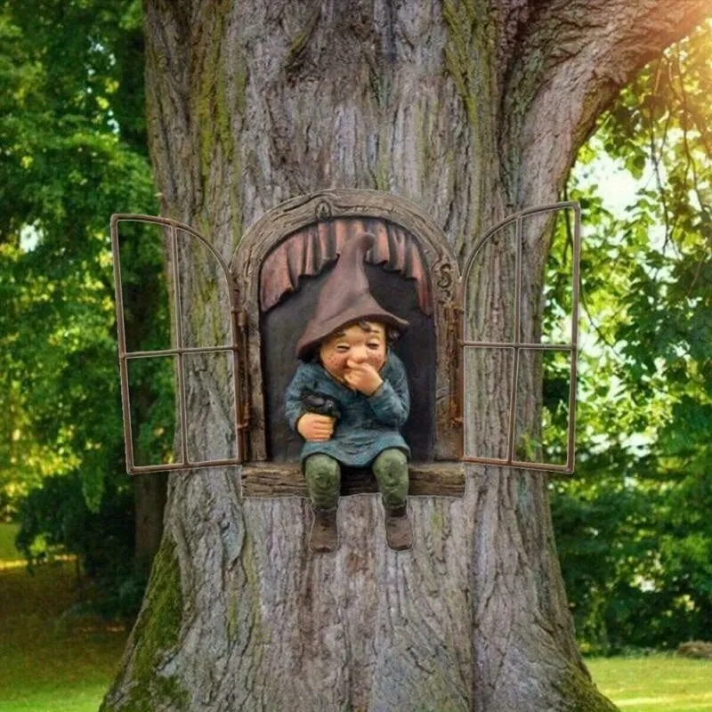 1 Stück Garten-Voyeur-Zwerg-Statue, freche Elfen-Zwerge-Figur, Skulptur für Baum, kreative Garten-Dekor-Statue, geeignet für Zuhause, Innenhof, Veranda, Gartenbaumdekoration
