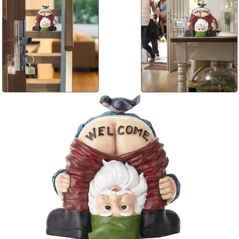 1 Stück lustiger Willkommenszwerg mit Vogel auf Hintern, Gartendekoration, Statue, unhöflicher Zwerg, Geschenk für Garten, Moos, Mikrolandschaft, Feengarten