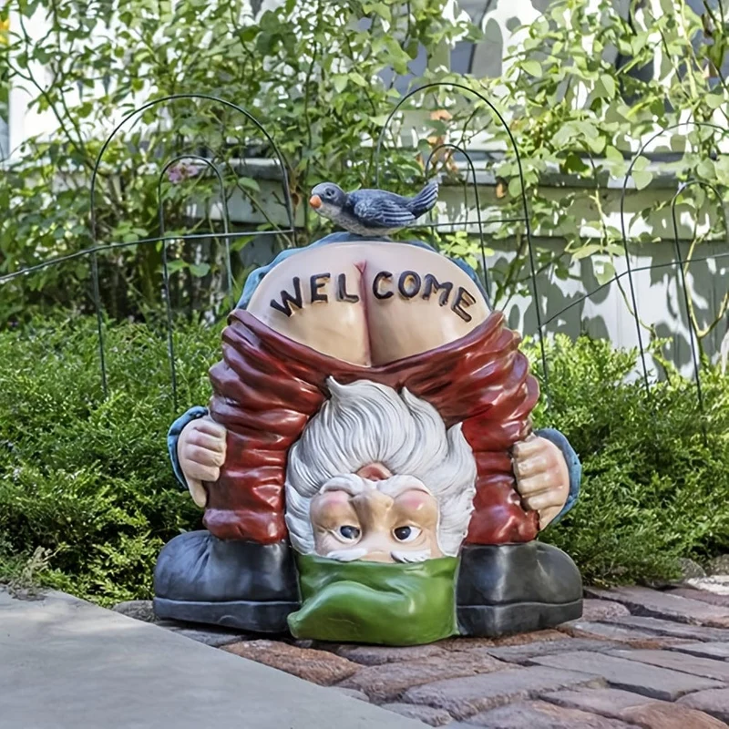 1 Stück lustiger Willkommenszwerg mit Vogel auf Hintern, Gartendekoration, Statue, unhöflicher Zwerg, Geschenk für Garten, Moos, Mikrolandschaft, Feengarten