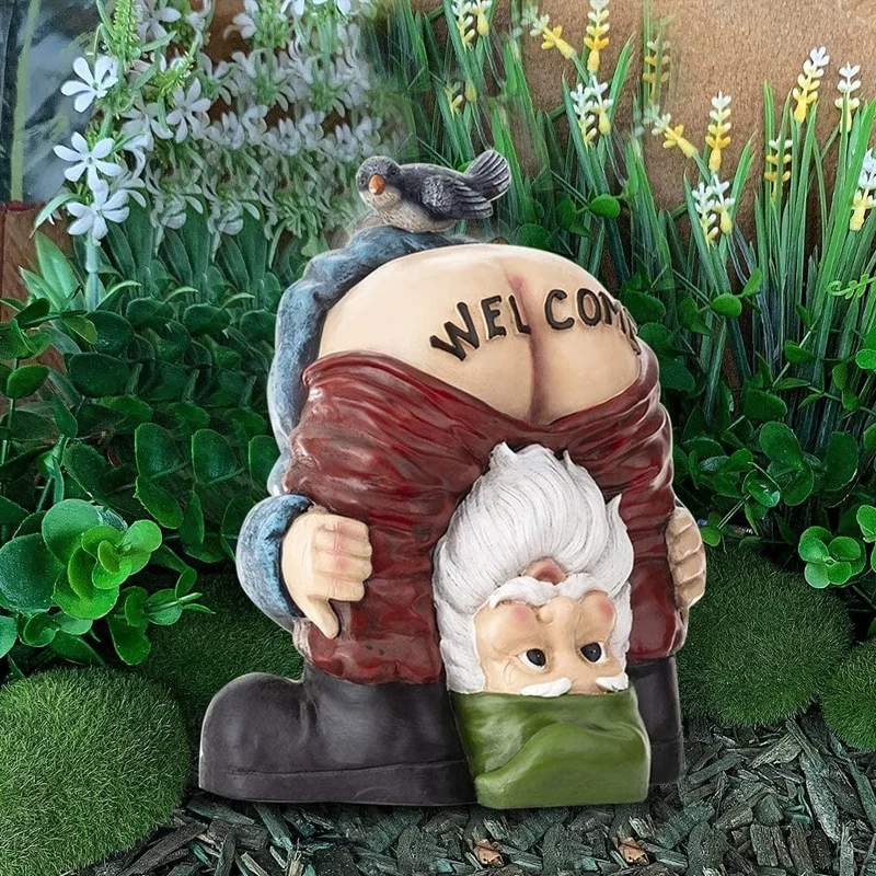 1 Stück lustiger Willkommenszwerg mit Vogel auf Hintern, Gartendekoration, Statue, unhöflicher Zwerg, Geschenk für Garten, Moos, Mikrolandschaft, Feengarten