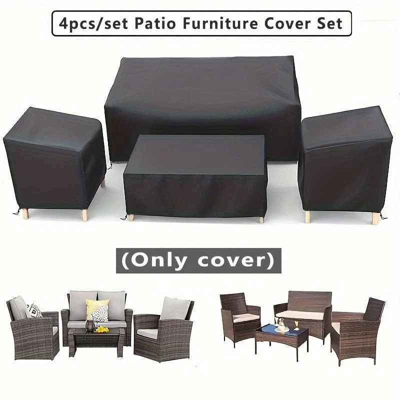 4 Stück/Set Terrassenmöbel-Abdeckung, 210D robuste wasserdichte Outdoor-Möbelabdeckung, 1 Sofa-Abdeckung, 2 Stuhl-Abdeckungen, winddichte Couchtisch-Abdeckung mit verstellbarem Kordelzug, geeignet für Wohnzimmer, Innenhof, Balkon