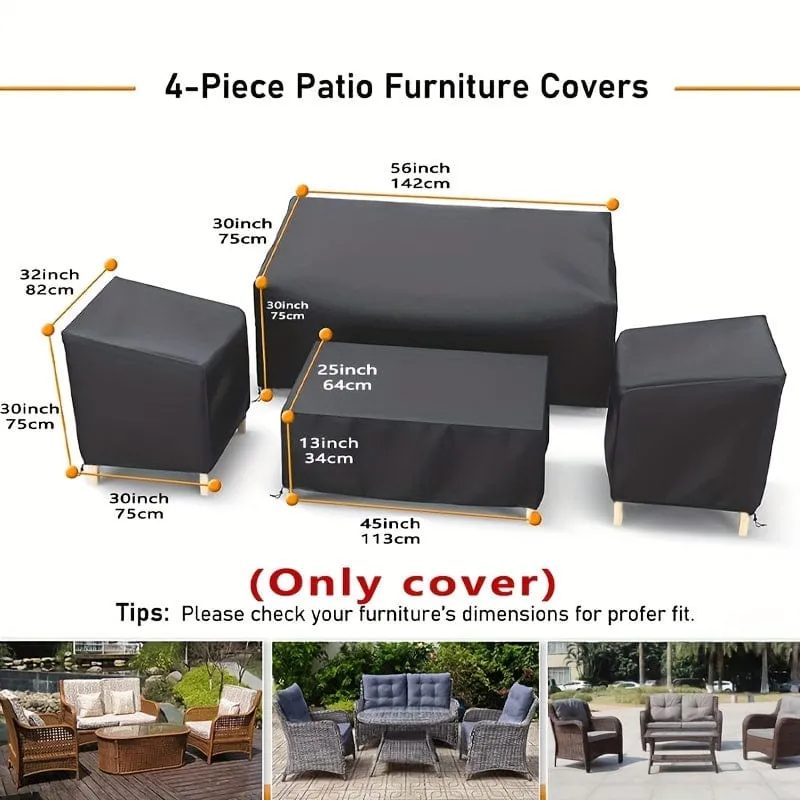 4 Stück/Set Terrassenmöbel-Abdeckung, 210D robuste wasserdichte Outdoor-Möbelabdeckung, 1 Sofa-Abdeckung, 2 Stuhl-Abdeckungen, winddichte Couchtisch-Abdeckung mit verstellbarem Kordelzug, geeignet für Wohnzimmer, Innenhof, Balkon