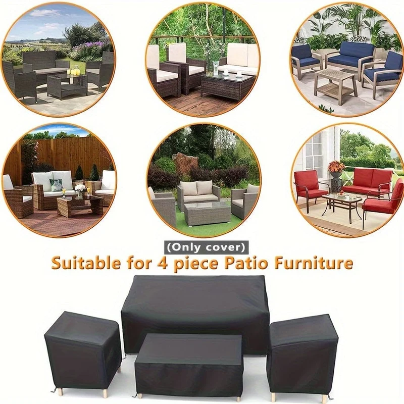 4 Stück/Set Terrassenmöbel-Abdeckung, 210D robuste wasserdichte Outdoor-Möbelabdeckung, 1 Sofa-Abdeckung, 2 Stuhl-Abdeckungen, winddichte Couchtisch-Abdeckung mit verstellbarem Kordelzug, geeignet für Wohnzimmer, Innenhof, Balkon