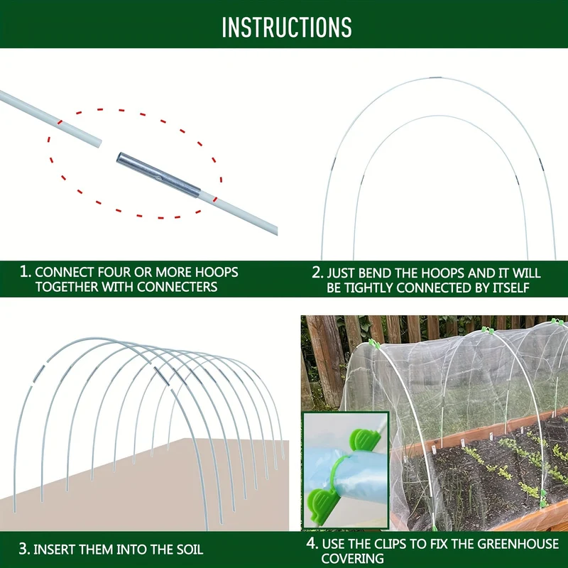 25 Stück, Gartenreifen für DIY-Wachstumstunnel, rostfreier Fiberglas-Stützrahmen, Gewächshausreifen für Hochbeete, Gartenstoff, Netz, Pflanzenschutztuch, Reihenabdeckung, DIY-Pflanzenstütz-Gartenpfähle