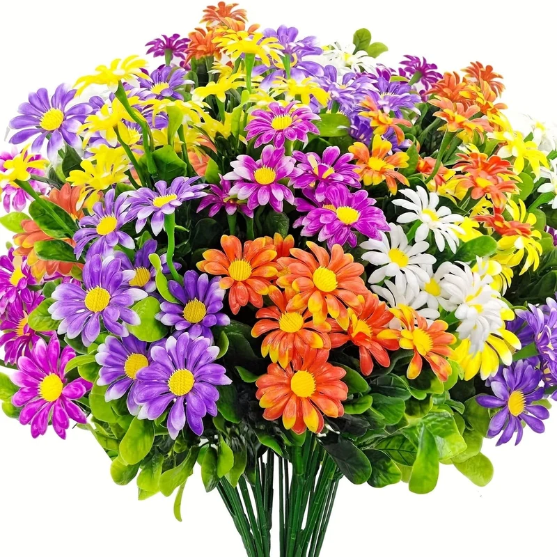 5 Sträuße gemischte künstliche Gänseblümchen (mehrfarbig), UV-beständig, künstliche Gänseblümchen für den Außenbereich, künstliche Grünpflanzen, Heim-/Innendekoration, Garten, Pastoral, Bauernhaus, Blumentöpfe, Hochzeit, Outdoor-Dekorationen