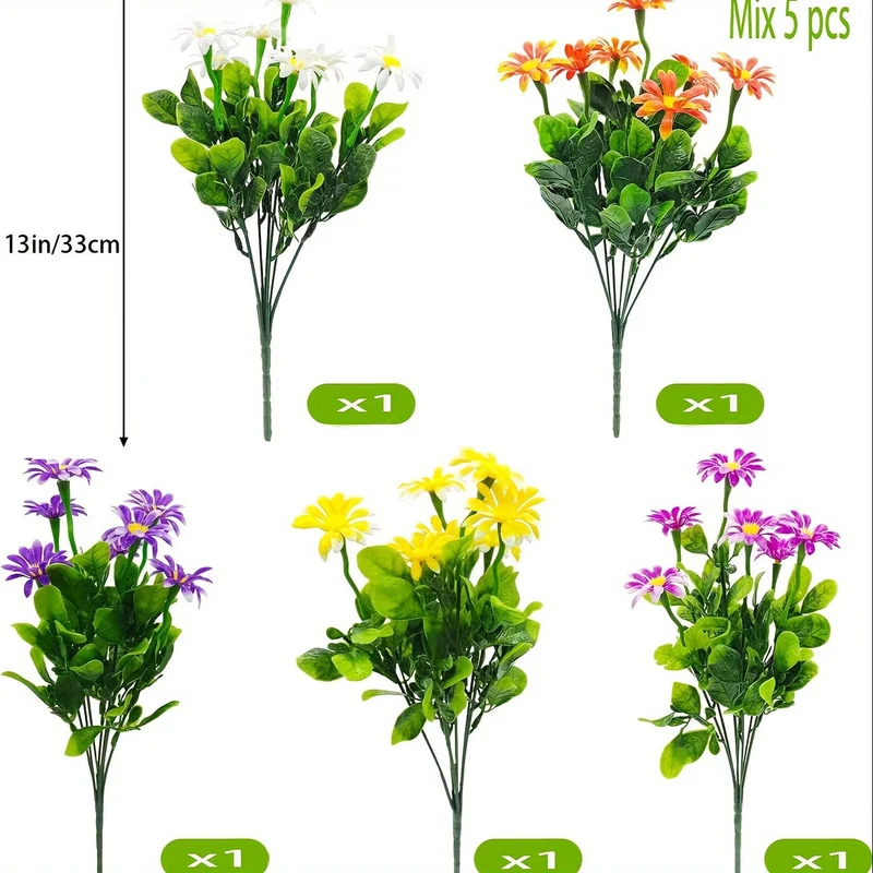 5 Sträuße gemischte künstliche Gänseblümchen (mehrfarbig), UV-beständig, künstliche Gänseblümchen für den Außenbereich, künstliche Grünpflanzen, Heim-/Innendekoration, Garten, Pastoral, Bauernhaus, Blumentöpfe, Hochzeit, Outdoor-Dekorationen