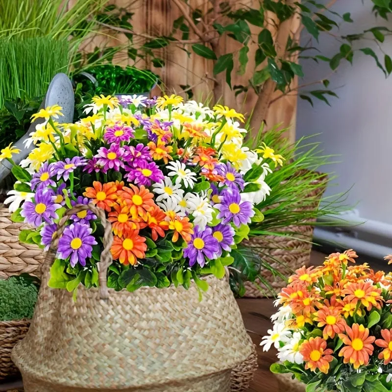 5 Sträuße gemischte künstliche Gänseblümchen (mehrfarbig), UV-beständig, künstliche Gänseblümchen für den Außenbereich, künstliche Grünpflanzen, Heim-/Innendekoration, Garten, Pastoral, Bauernhaus, Blumentöpfe, Hochzeit, Outdoor-Dekorationen