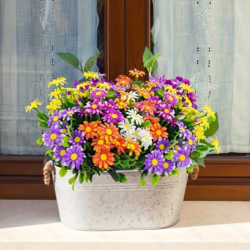 5 Sträuße gemischte künstliche Gänseblümchen (mehrfarbig), UV-beständig, künstliche Gänseblümchen für den Außenbereich, künstliche Grünpflanzen, Heim-/Innendekoration, Garten, Pastoral, Bauernhaus, Blumentöpfe, Hochzeit, Outdoor-Dekorationen