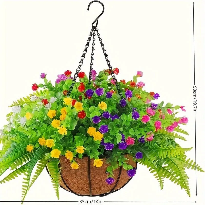1 Stück, künstliche Hängeblumen im Korb, Terrassengartendekoration, künstliche Hängepflanze im Korb, Hängekörbe mit Kokosnussfutter und Begonie, die Dekoration von Außen- und Innendekorationen