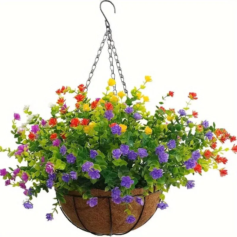 1 Stück, künstliche Hängeblumen im Korb, Terrassengartendekoration, künstliche Hängepflanze im Korb, Hängekörbe mit Kokosnussfutter und Begonie, die Dekoration von Außen- und Innendekorationen