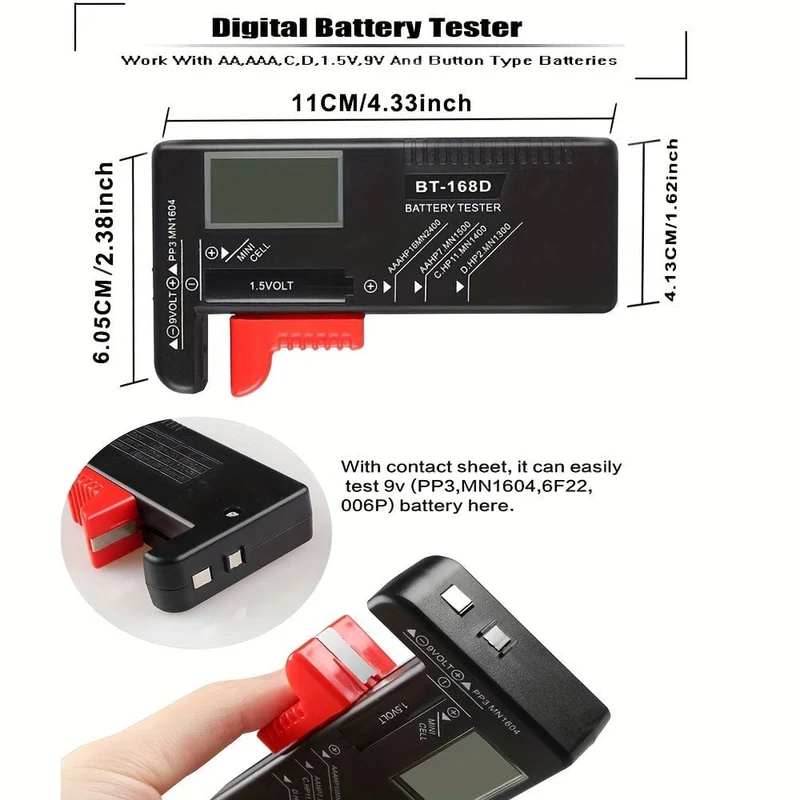 Batterietester Universeller digitaler Batterietester für AAA AA CD 9V 1.5V 3.7V Kleiner Knopfzellen-Batterietester Volt-Checker für alle Haushaltsbatterien