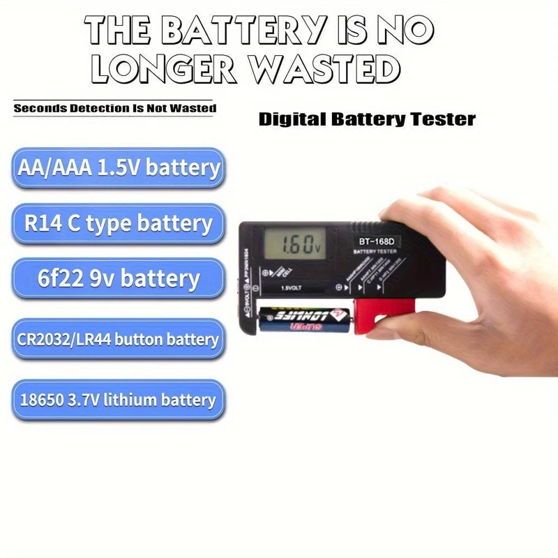 Batterietester Universeller digitaler Batterietester für AAA AA CD 9V 1.5V 3.7V Kleiner Knopfzellen-Batterietester Volt-Checker für alle Haushaltsbatterien