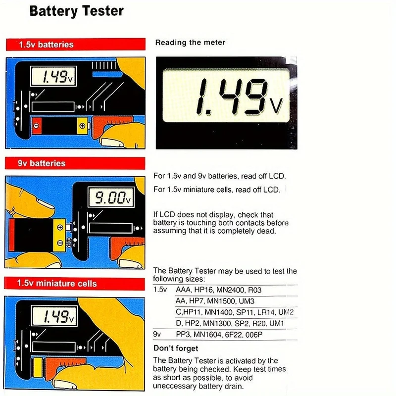 Batterietester Universeller digitaler Batterietester für AAA AA CD 9V 1.5V 3.7V Kleiner Knopfzellen-Batterietester Volt-Checker für alle Haushaltsbatterien