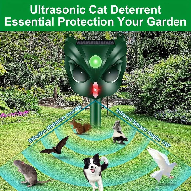 1 Stück, Ultraschall-Katzenschreck für Gärten, Solar-Katzenvertreiber, Fuchsschrecken, wasserdichter Tiervertreiber mit 5 Modi, blinkenden Lichtern, Bewegungserkennungssensor für Hunde, Eichhörnchen, Waschbären, Stinktiere, Kaninchen, Nagetiere im Freien.