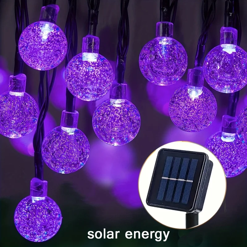 1 Stück Solar-Lila-Blasenkugel-Lichterkette, 8 Funktionen, Kugeldurchmesser 1.7 cm/0.67 Zoll, dekorative Halloween-Lichter, Festival-Atmosphärenlampe, 1 Lichterkette, 5 Meter und 20 Lichter oder 6.5 Meter und 30 Lichter