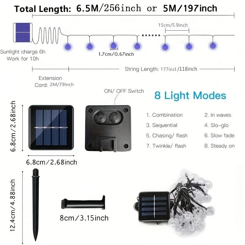 1 Stück Solar-Lila-Blasenkugel-Lichterkette, 8 Funktionen, Kugeldurchmesser 1.7 cm/0.67 Zoll, dekorative Halloween-Lichter, Festival-Atmosphärenlampe, 1 Lichterkette, 5 Meter und 20 Lichter oder 6.5 Meter und 30 Lichter