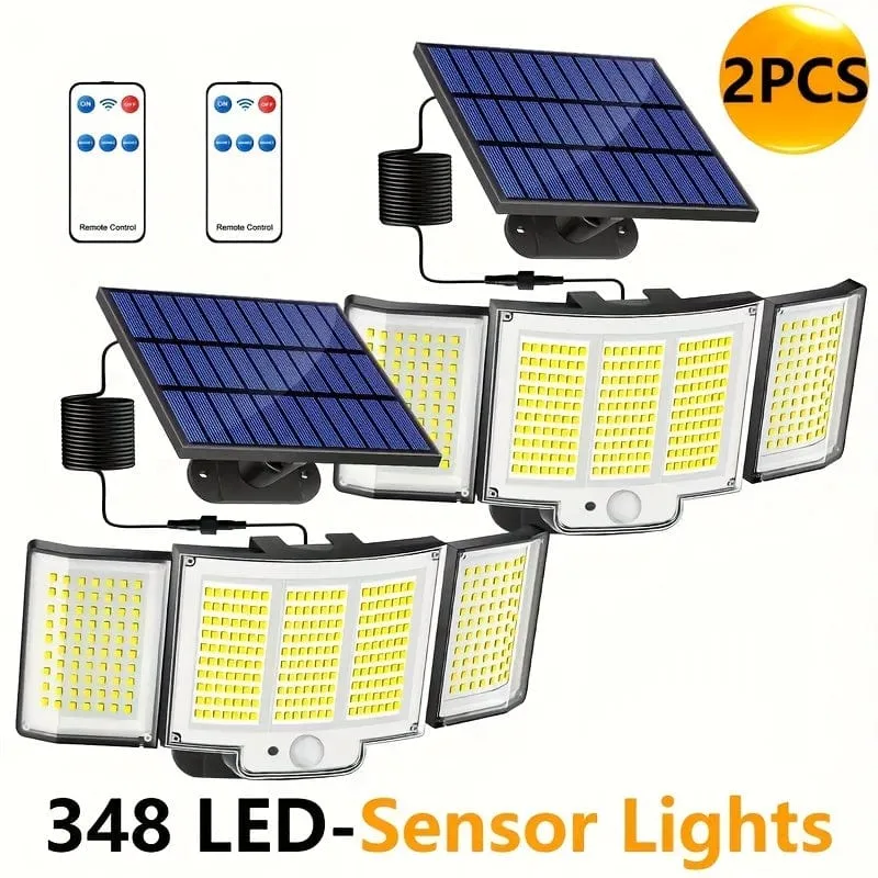 1/2 Pack Solarleuchten für den Außenbereich, 348 LED-Bewegungsmelderleuchten mit Fernbedienung, wasserdichte 3-Kopf-Sicherheitsleuchten, Solar-Flutwandleuchten mit 3 Modi für draußen, Garten, Terrasse, Hof