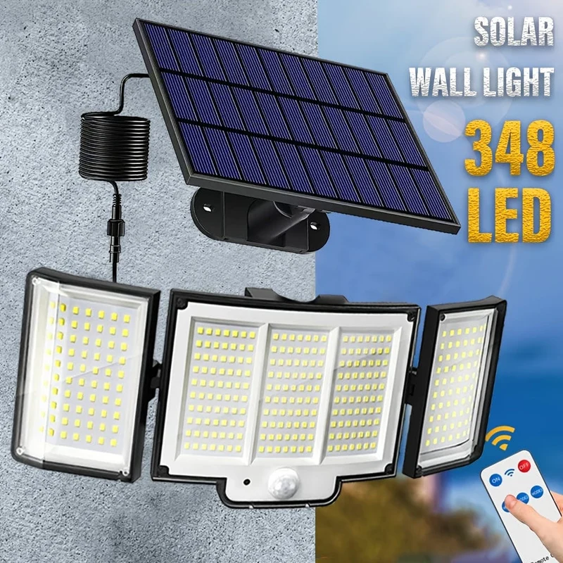 1/2 Pack Solarleuchten für den Außenbereich, 348 LED-Bewegungsmelderleuchten mit Fernbedienung, wasserdichte 3-Kopf-Sicherheitsleuchten, Solar-Flutwandleuchten mit 3 Modi für draußen, Garten, Terrasse, Hof