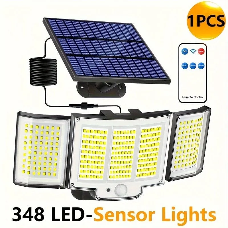1/2 Pack Solarleuchten für den Außenbereich, 348 LED-Bewegungsmelderleuchten mit Fernbedienung, wasserdichte 3-Kopf-Sicherheitsleuchten, Solar-Flutwandleuchten mit 3 Modi für draußen, Garten, Terrasse, Hof