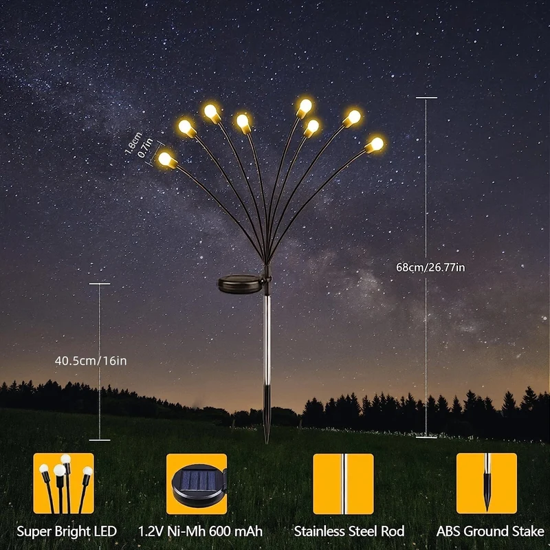 1/2er-Pack Solar-Glühwürmchen-Gartenleuchten, 16 LEDs, Solar-Außenleuchten, die sich durch den Wind bewegen, warmweiße, wasserdichte, solarbetriebene Garten-Dekorationsleuchten für Hof, Terrasse, Weg, Landschaft