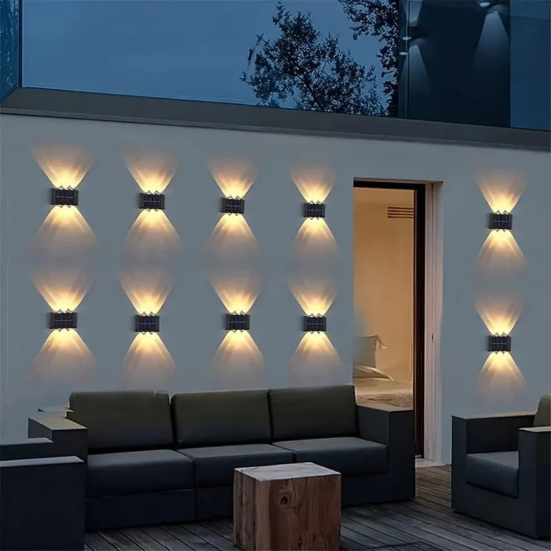2 Packungen wasserdichte Solar-Wandleuchten für den Außenbereich, 6 LED-Leuchten, warmweiß, nordischer Stil, Terrassenbeleuchtung, Beleuchtung für Außenleuchten, Terrasse, Straße, Landschaftsbau, Zaun, Garage, Gartenwandleuchten