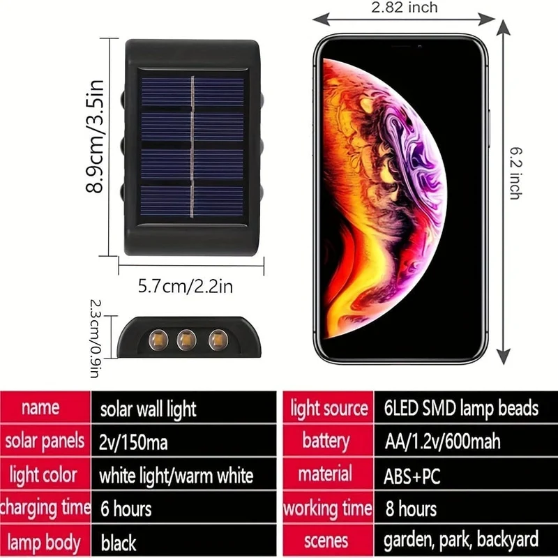 2 Packungen wasserdichte Solar-Wandleuchten für den Außenbereich, 6 LED-Leuchten, warmweiß, nordischer Stil, Terrassenbeleuchtung, Beleuchtung für Außenleuchten, Terrasse, Straße, Landschaftsbau, Zaun, Garage, Gartenwandleuchten