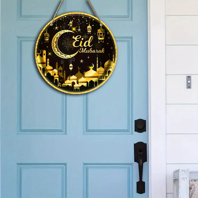 1 rundes Holzschild zum Aufhängen, Ramadan-Holzschild zum Aufhängen, Haustür, Veranda, Wohnzimmer, Schlafzimmer, Heimdekoration, rustikale Wandkunst-Dekoration, Frühlingsdekoration für drinnen und draußen, Eid al-Adha-Dekoration