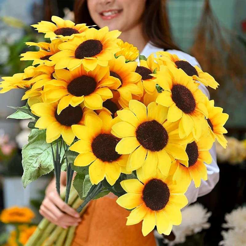 4 Bündel, künstliche Sonnenblumenbündel mit Stielen, Blumenstrauß, Kunstpflanzen, UV-beständiges Kunststoff-Grün, künstliche Blumenpflanzen für den Außenbereich, kein Verblassen, für die Dekoration von Garten, Veranda, Fensterkasten