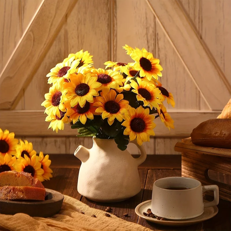 4 Bündel, künstliche Sonnenblumenbündel mit Stielen, Blumenstrauß, Kunstpflanzen, UV-beständiges Kunststoff-Grün, künstliche Blumenpflanzen für den Außenbereich, kein Verblassen, für die Dekoration von Garten, Veranda, Fensterkasten