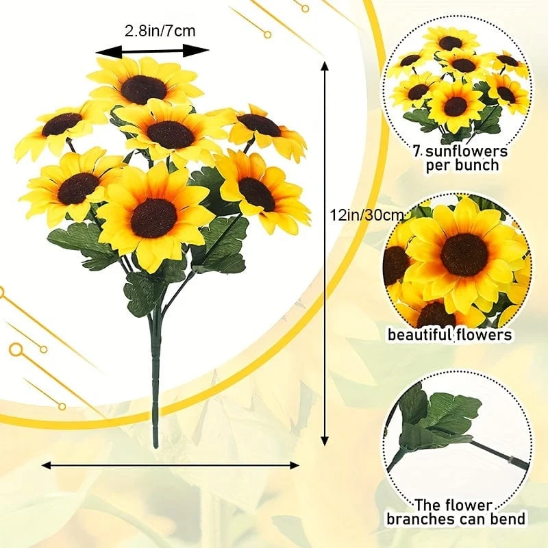 4 Bündel, künstliche Sonnenblumenbündel mit Stielen, Blumenstrauß, Kunstpflanzen, UV-beständiges Kunststoff-Grün, künstliche Blumenpflanzen für den Außenbereich, kein Verblassen, für die Dekoration von Garten, Veranda, Fensterkasten
